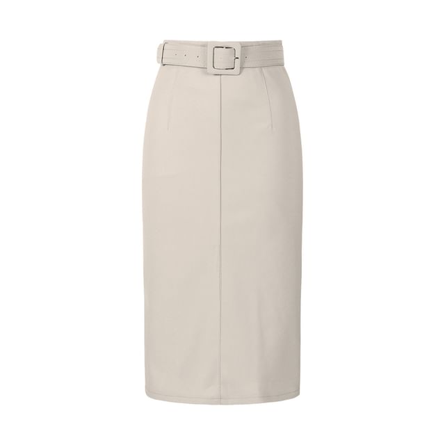 Mock Neck Tee with Belted Midi Pencil Skirt