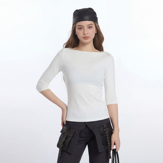 Boat Neck Slim Tee with Elbow Sleeves