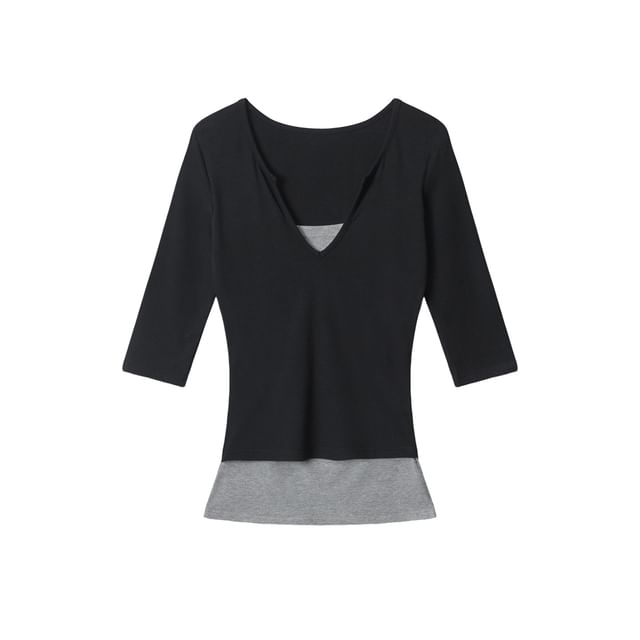 Elbow-Length Sleeve Faux Two-Piece U-Neck Contrast Fitted Top