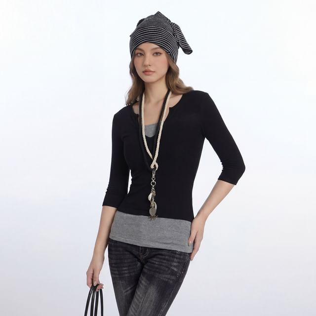 Elbow-Length Sleeve Faux Two-Piece U-Neck Contrast Fitted Top