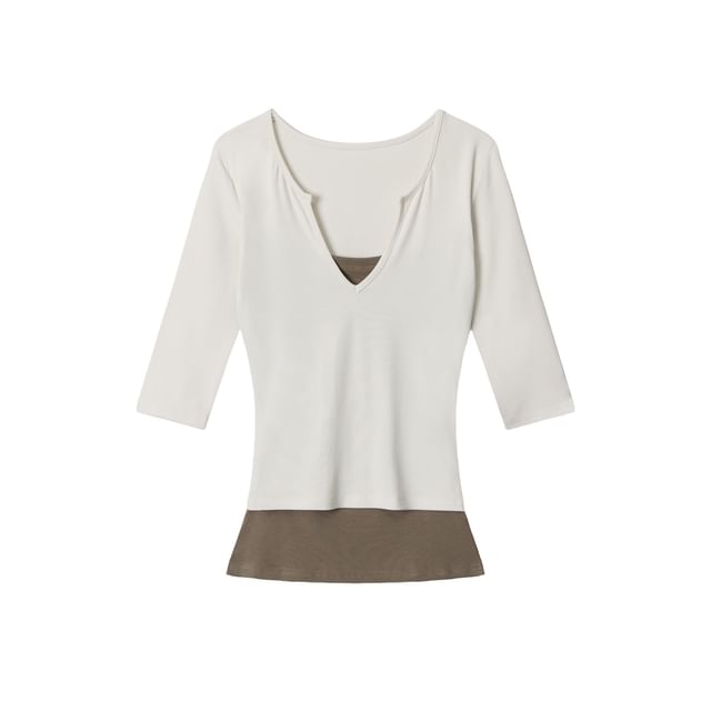 Elbow-Length Sleeve Faux Two-Piece U-Neck Contrast Fitted Top