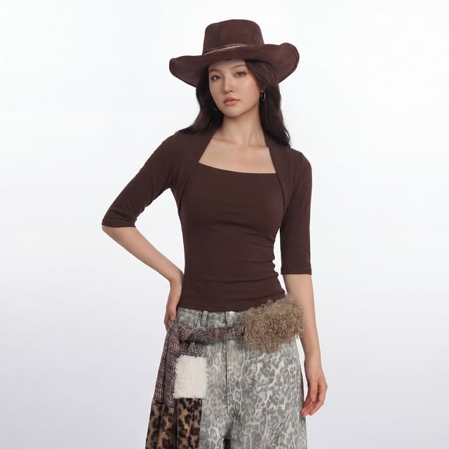 Square Neck Slim Tee with Elbow Sleeves