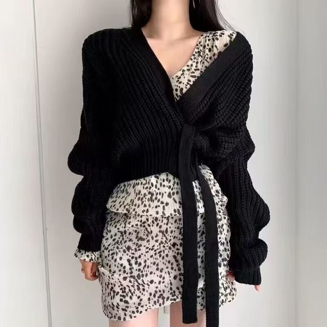 V-Neck Tie-Up Wrap Sweater