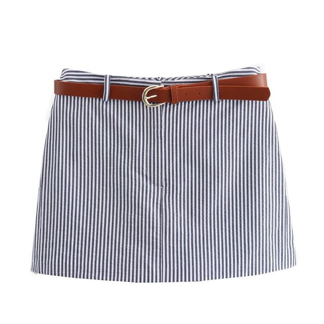 Striped Mini Pencil Skirt with Belt High Waist