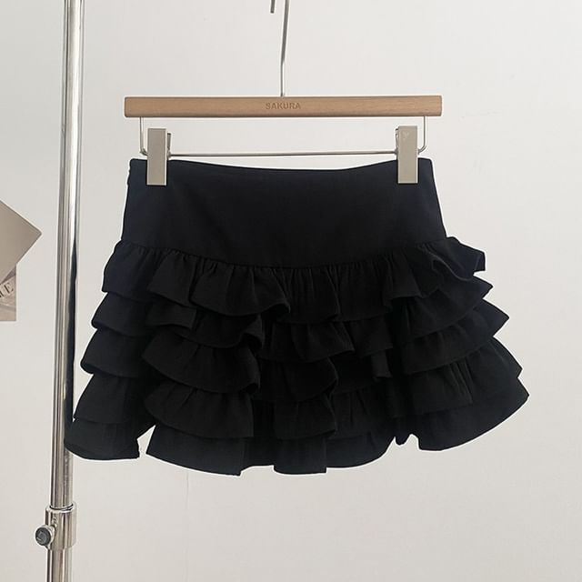 Tiered Ruffle Mini A-Line Skirt High Waist