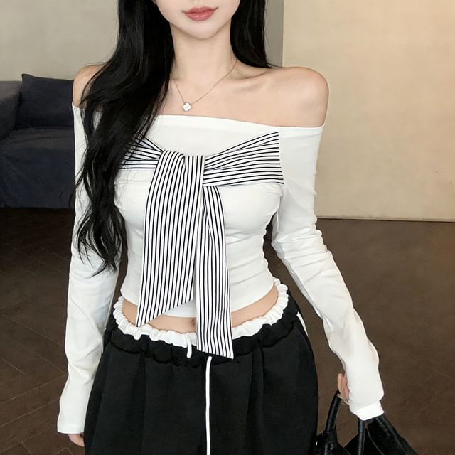 Striped Off-Shoulder Crop Tee with Tie Front