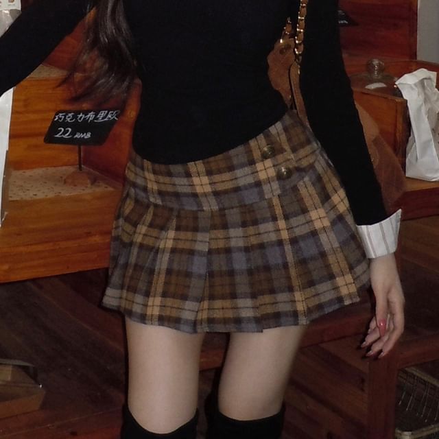 Mock Two-Piece Collared Top & Plaid Pleated Skirt