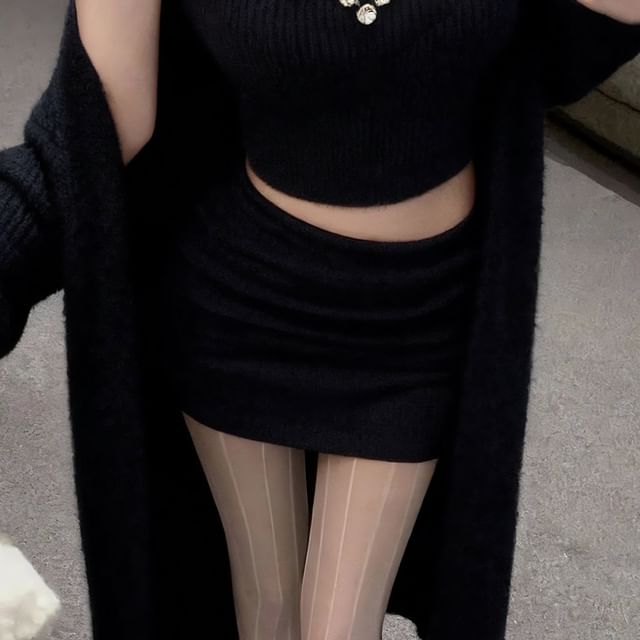 Rhinestone Halter Crop Knit & Pencil Skirt with Cardigan