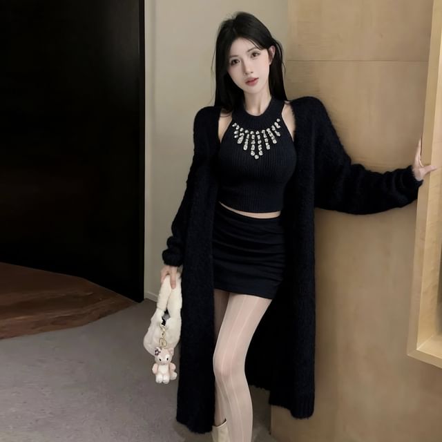 Halter Neck Rhinestone Crop Top with Pencil Skirt and Cardigan