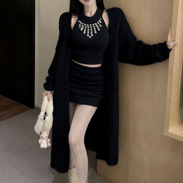 Rhinestone Halter Crop Knit & Pencil Skirt with Cardigan