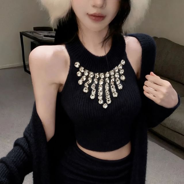 Rhinestone Halter Crop Knit & Pencil Skirt with Cardigan