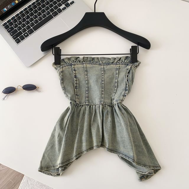 Peplum Denim Tube Top with Frill