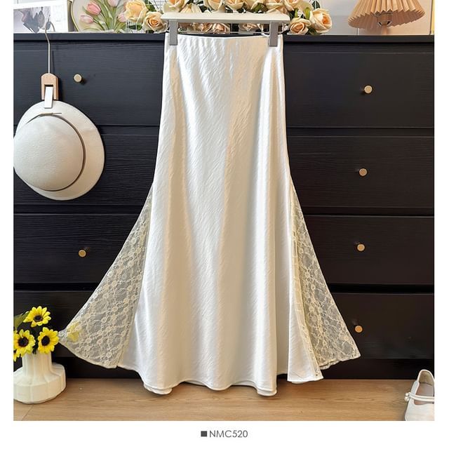 Satin Fishtail Pencil Skirt with Lace Panels