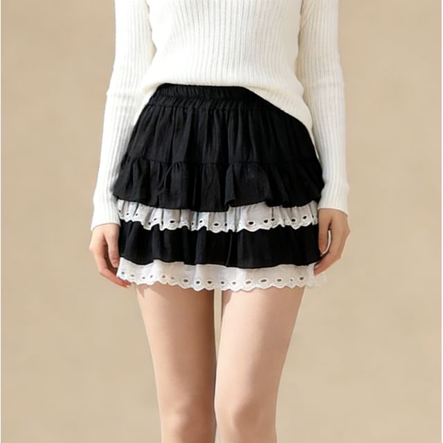 Lace-Trimmed Tiered Mini Skirt