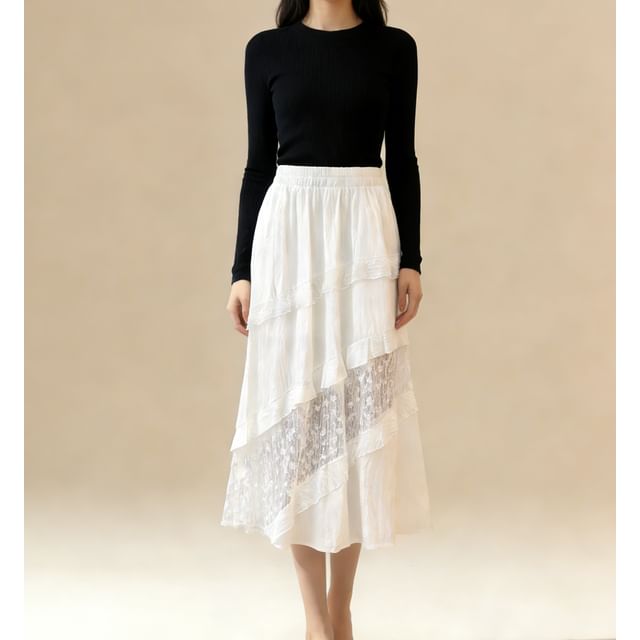 Tiered Maxi A-Line Skirt with Lace Panels