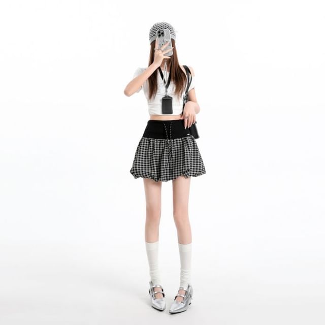 Plaid Bubble A-Line Skirt - High Waist Mini