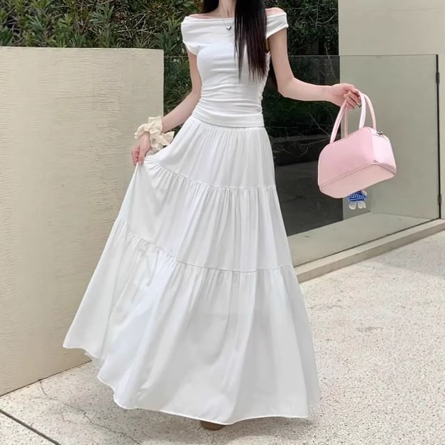 Tiered Maxi A-Line Skirt - High Waist Plain