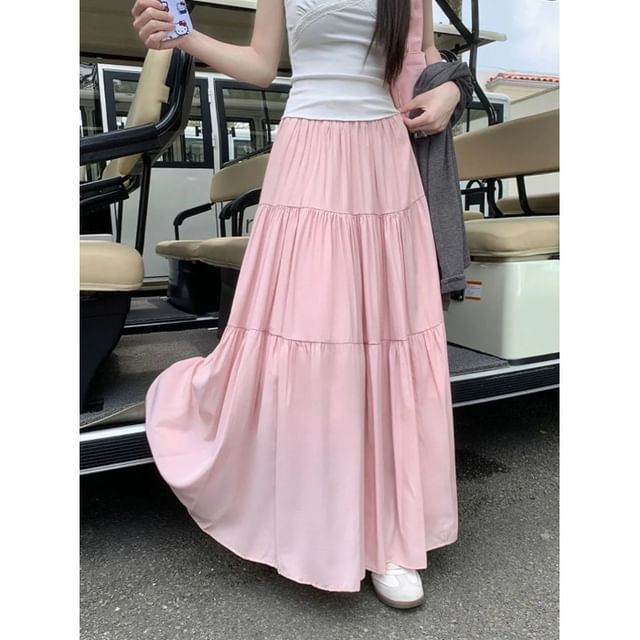 Tiered Maxi A-Line Skirt - High Waist Plain