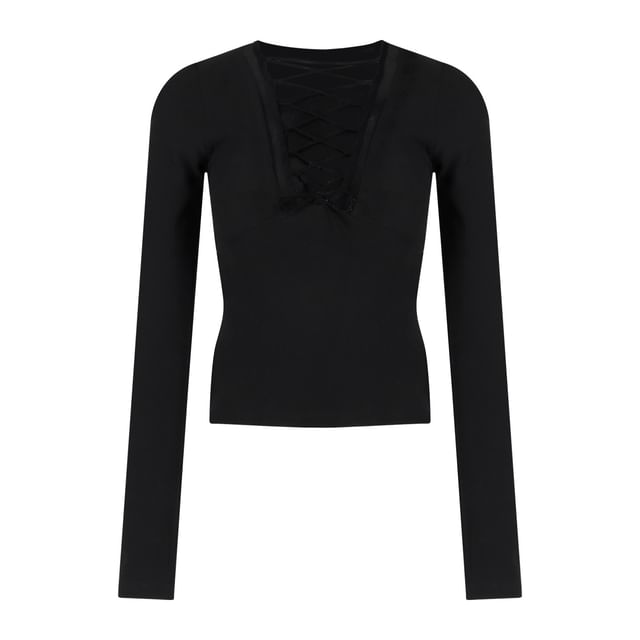 Lace-Up V-Neck Top and Mini Pencil Skirt Set