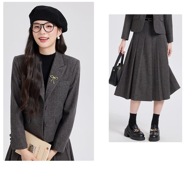 Herringbone Blazer and Pleated Midi Skirt Set