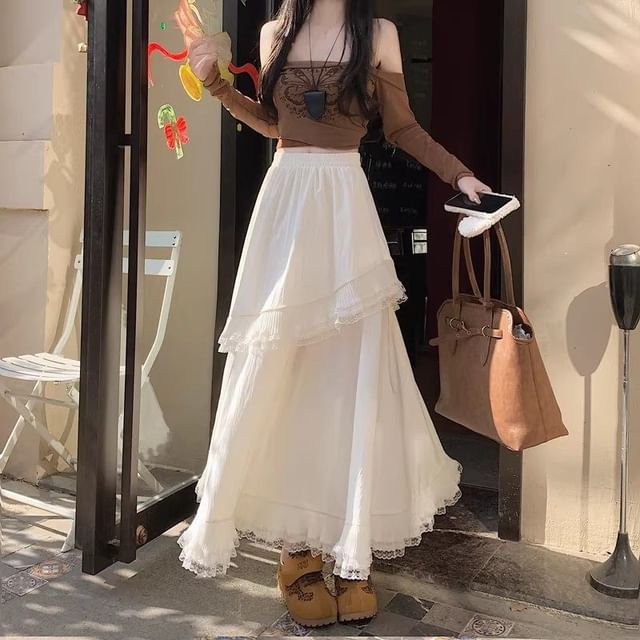 Ruffle-Trimmed Lace Maxi A-Line Skirt