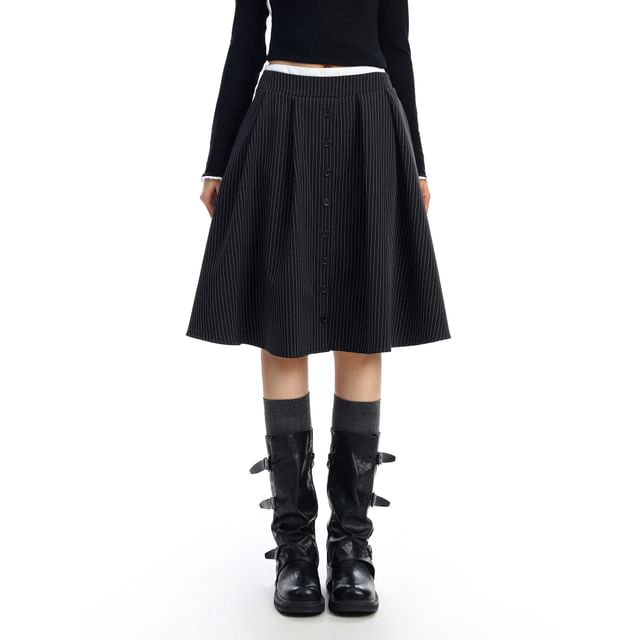 Striped Midi A-Line Skirt - Mid Waist