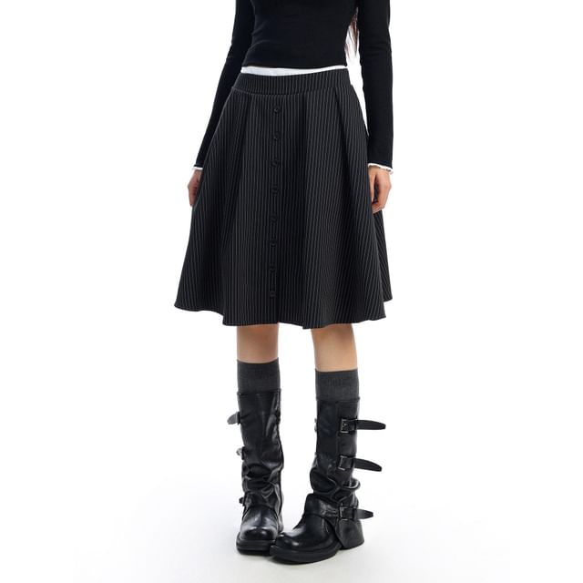 Striped Midi A-Line Skirt - Mid Waist