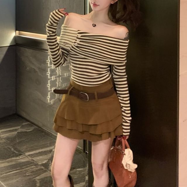 Off Shoulder Striped Top & Tiered Mini Skirt Set