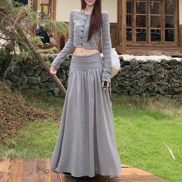 Round Neck Knit Crop Top & Panel Maxi Skirt