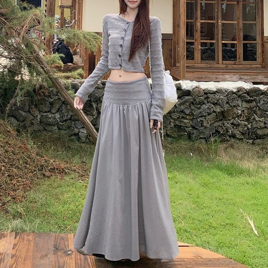 Round Neck Knit Crop Top & Panel Maxi Skirt
