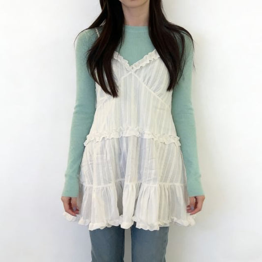 Long-Sleeve Crew Neck Plain Knit Top / Spaghetti Strap V-Neck Frill Trim Mini Overall Dress