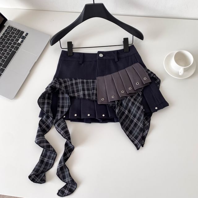 Plaid Panel Mini Pleated Skirt