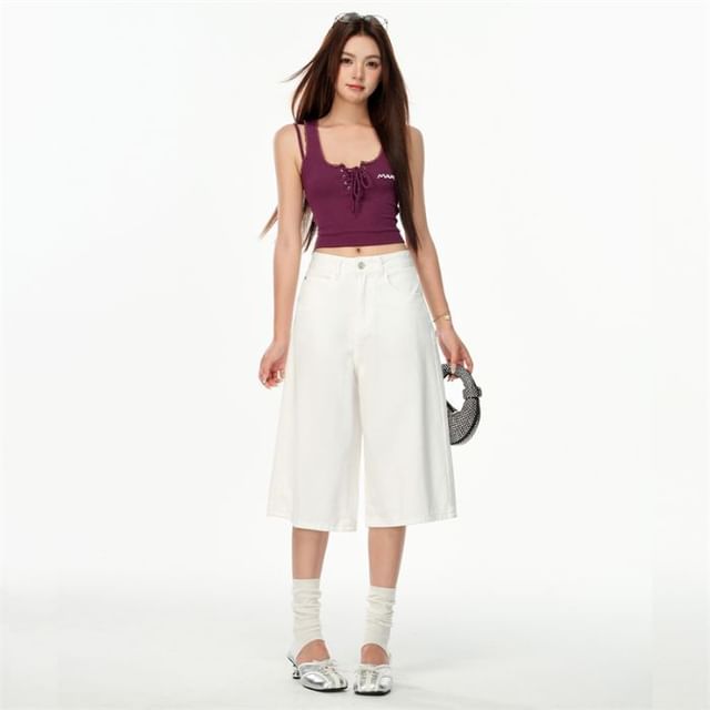Mid Rise Plain Wide Leg Jorts