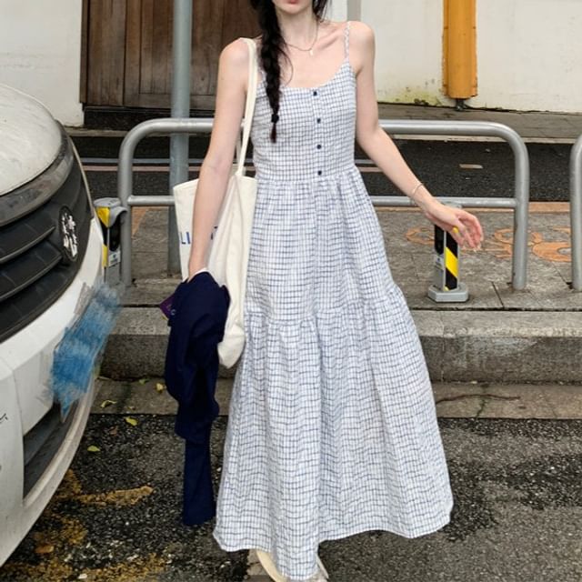 Spaghetti Strap Scoop Neck Plaid Midi A-Line Dress / Plain Crop Cardigan