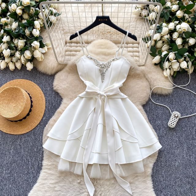 Spaghetti Strap V-Neck Rhinestone Tie Waist Mini A-Line Dress