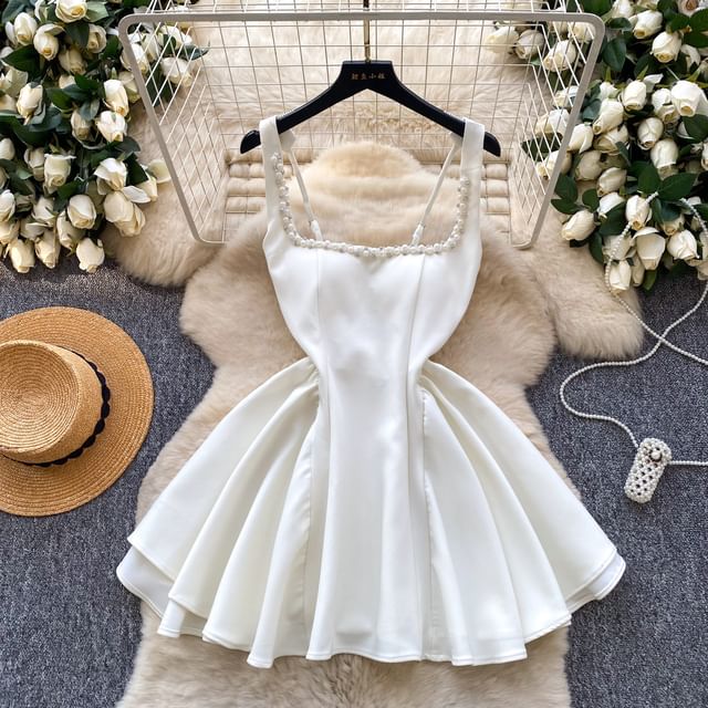 Spaghetti Strap Square Neck Plain Faux Pearl Mini A-Line Dress