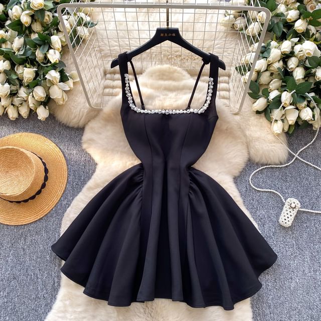 Spaghetti Strap Square Neck Plain Faux Pearl Mini A-Line Dress