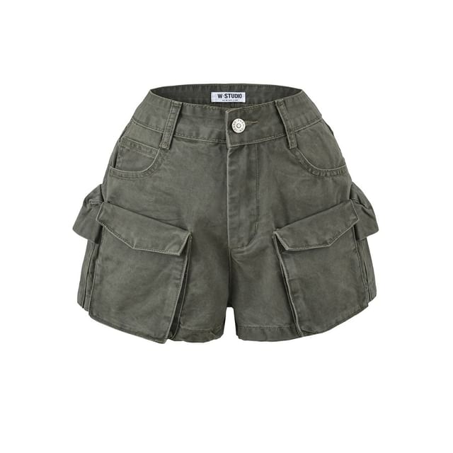 Mid Rise Washed Denim Cargo Shorts