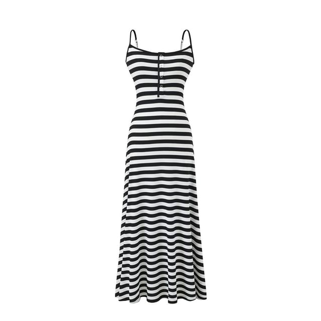 Spaghetti Strap Henley Striped Maxi A-Line Dress