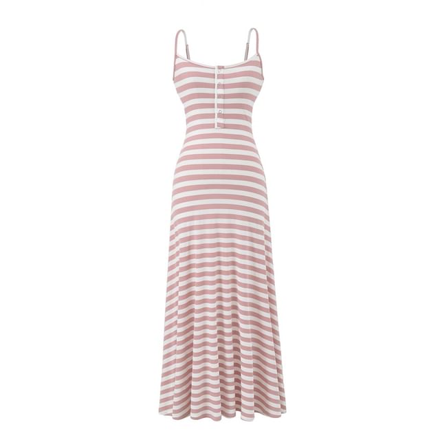 Spaghetti Strap Henley Striped Maxi A-Line Dress