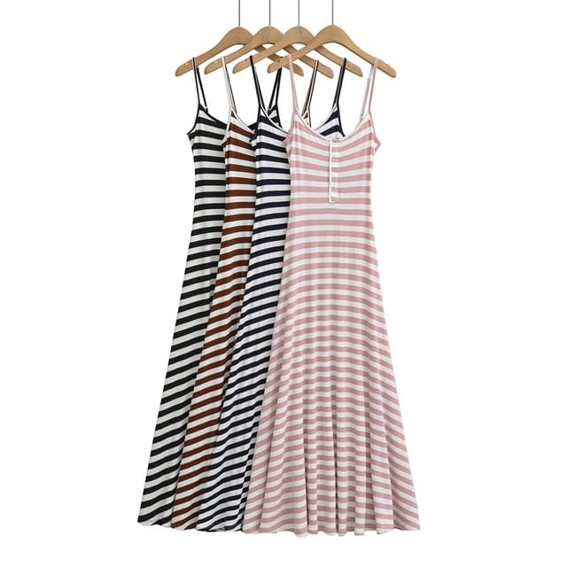 Spaghetti Strap Henley Striped Maxi A-Line Dress
