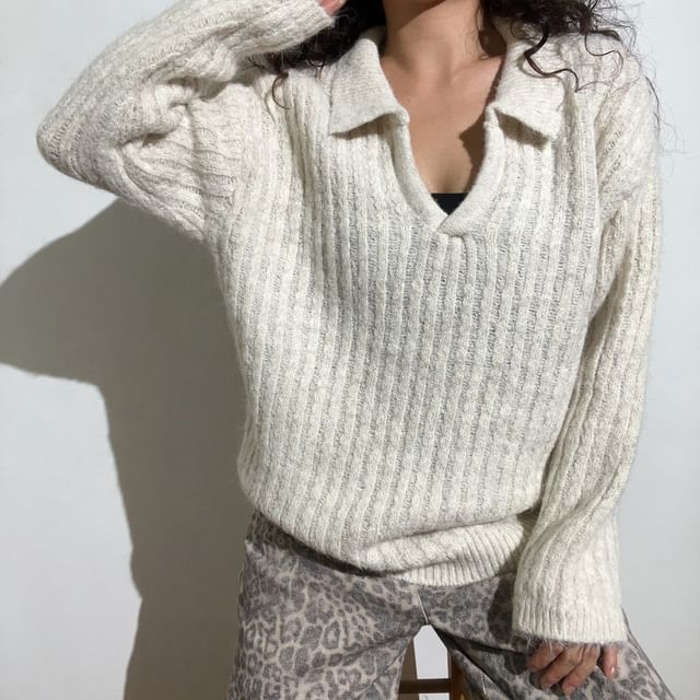Long-Sleeve Ribbed Knit Polo Shirt