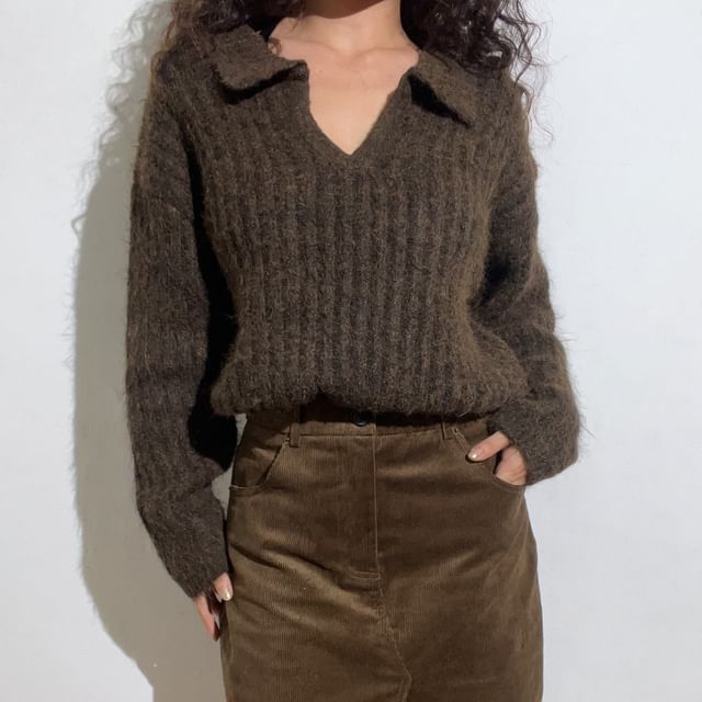 Long-Sleeve Ribbed Knit Polo Shirt