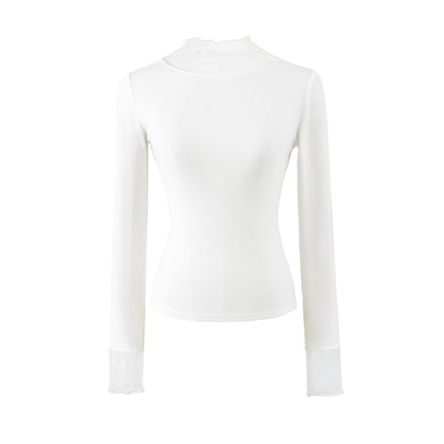 Mock Neck Lace Insert Long Sleeve Fitted Tee