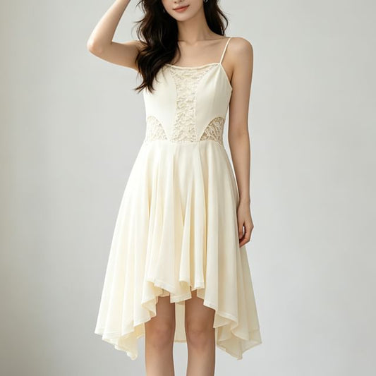 [S] Spaghetti Strap Lace Panel Open Back Mini A-Line Dress