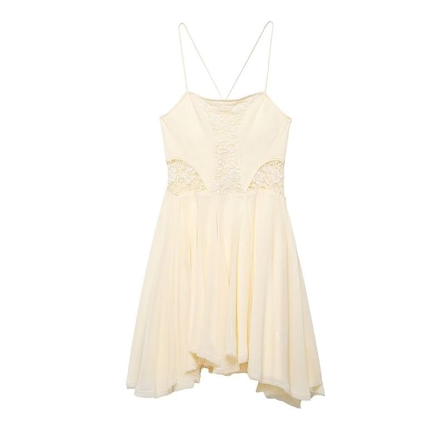 [S] Spaghetti Strap Lace Panel Open Back Mini A-Line Dress