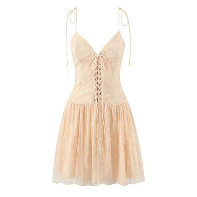 Spaghetti Strap V-Neck Sequin Lace-Up Lace Mini A-Line Dress