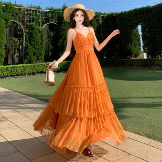 Spaghetti Strap V-Neck Lace Panel Open Back Maxi A-Line Dress