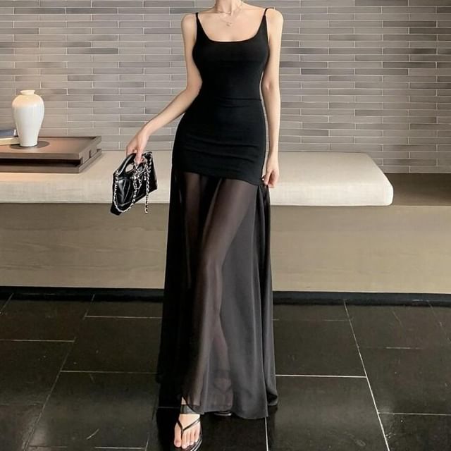 Spaghetti Strap Scoop Neck Plain Ruched Maxi A-Line Dress