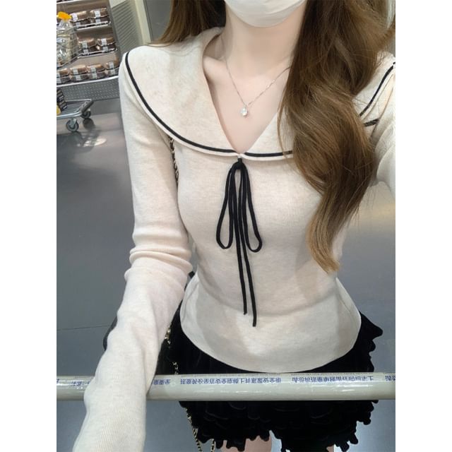 Sailor Collar Knit Top with Tie Front and Long Sleeves